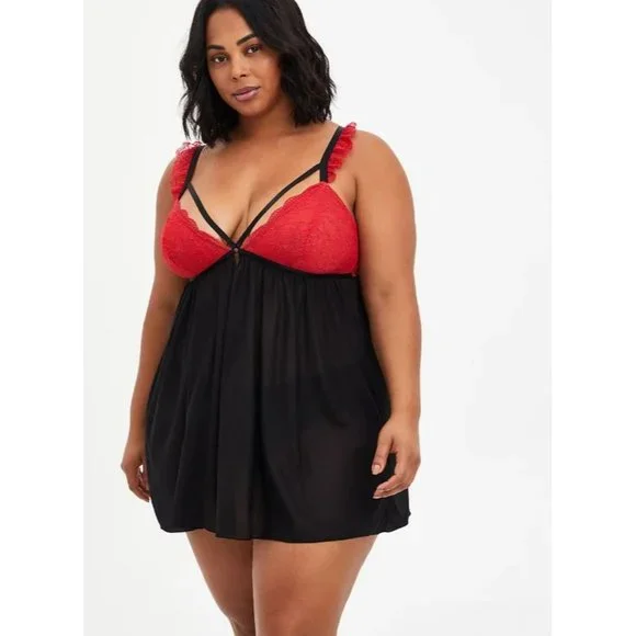 torrid, Intimates & Sleepwear, Torrid Womens X Black Red Lace Mesh Cap  Strappy Babydoll Night Dress Lingerie